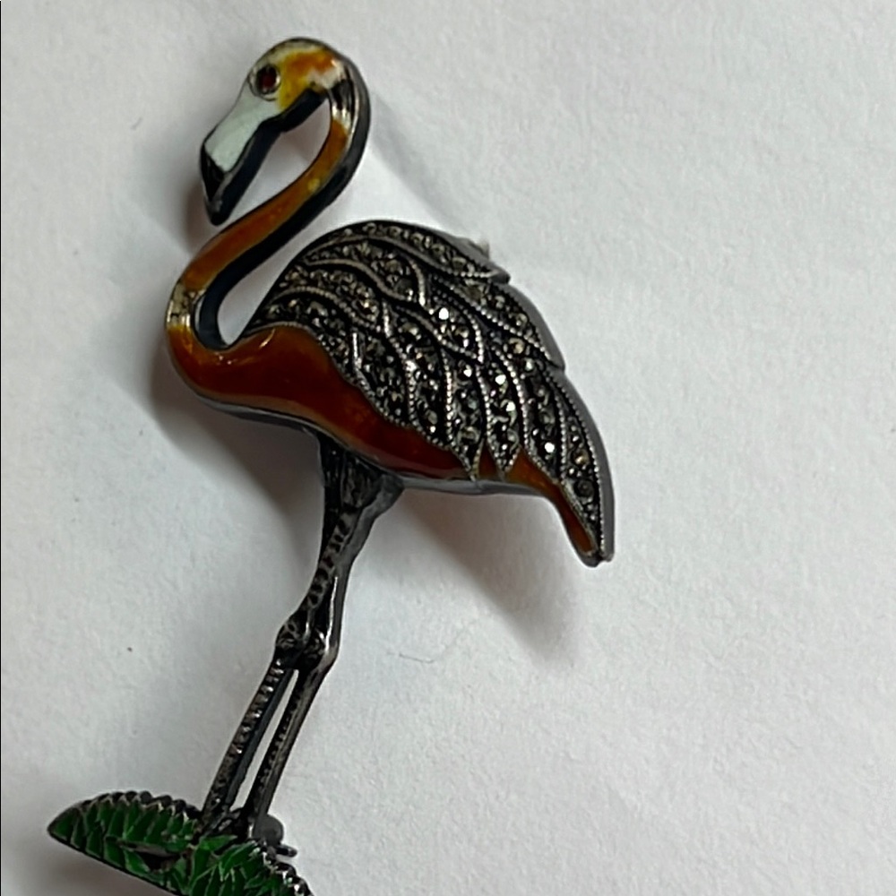 Vintage Sterling Silver Art Deco P. Enameled with Marcasite Flamingo Brooch. - Picture 3 of 4